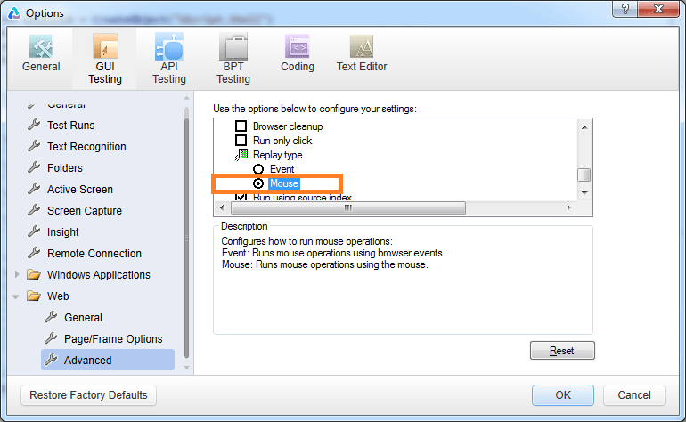 Replay Type in UFT Options